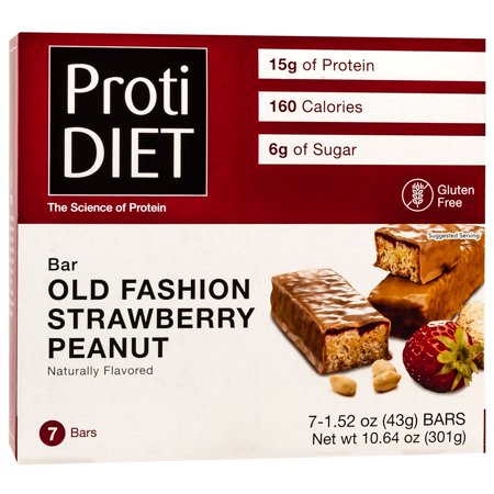 ProtiDiet Protein Bar - Old Fashioned Strawberry & Peanuts - 7/Box - High Protein 15g - Low Calorie - Low Fat