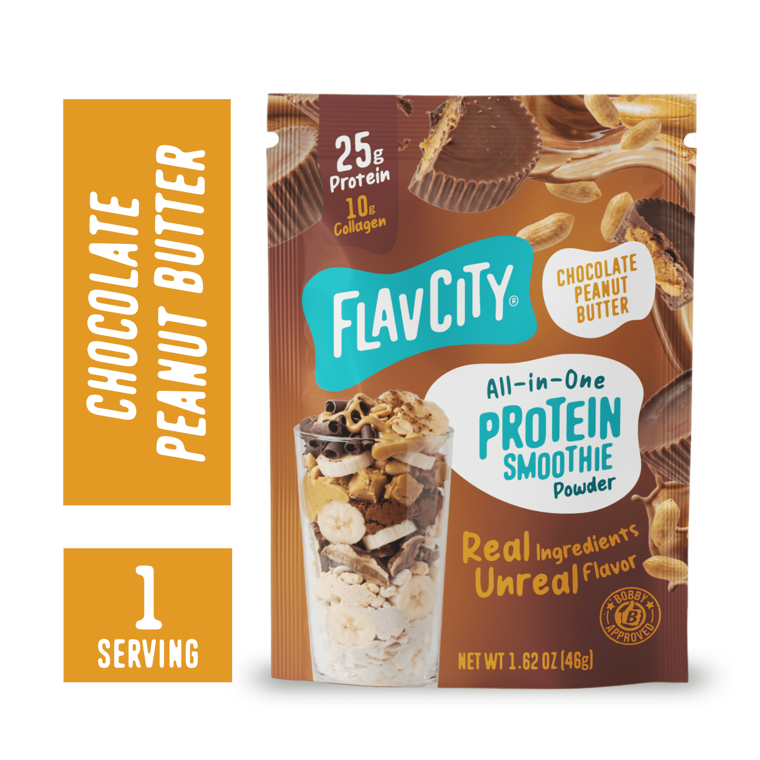 FlavCity Single Serve Whey Protein Powder - Chocolate Peanut Butter - 25g protein All-in-One Smoothie - 1.62oz
