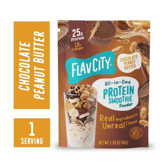 FlavCity Single Serve Whey Protein Powder - Chocolate Peanut Butter - 25g protein All-in-One Smoothie - 1.62oz