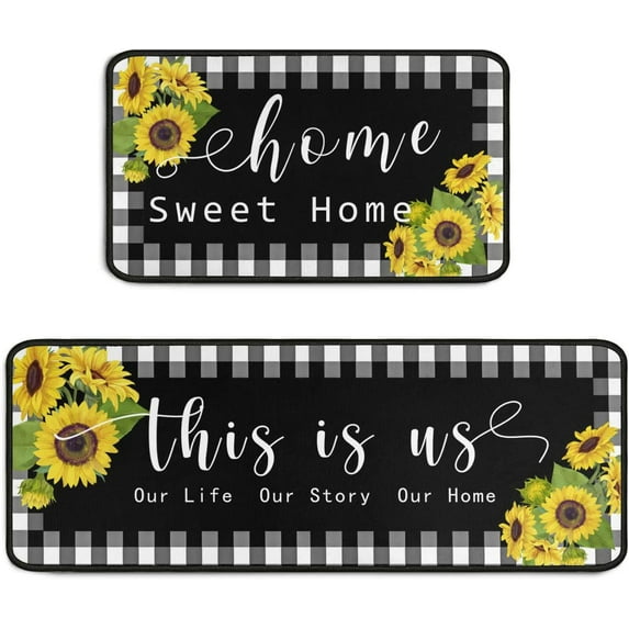 Sunflower Kitchen Rugs Set 2 Pieces Non Skid Black Kitchen Floor Rug and Mat Washable Kitchen Runner Rug Standing Area Mat for Fall Indoor Farmhouse Decor 17"x47"+17"x30"