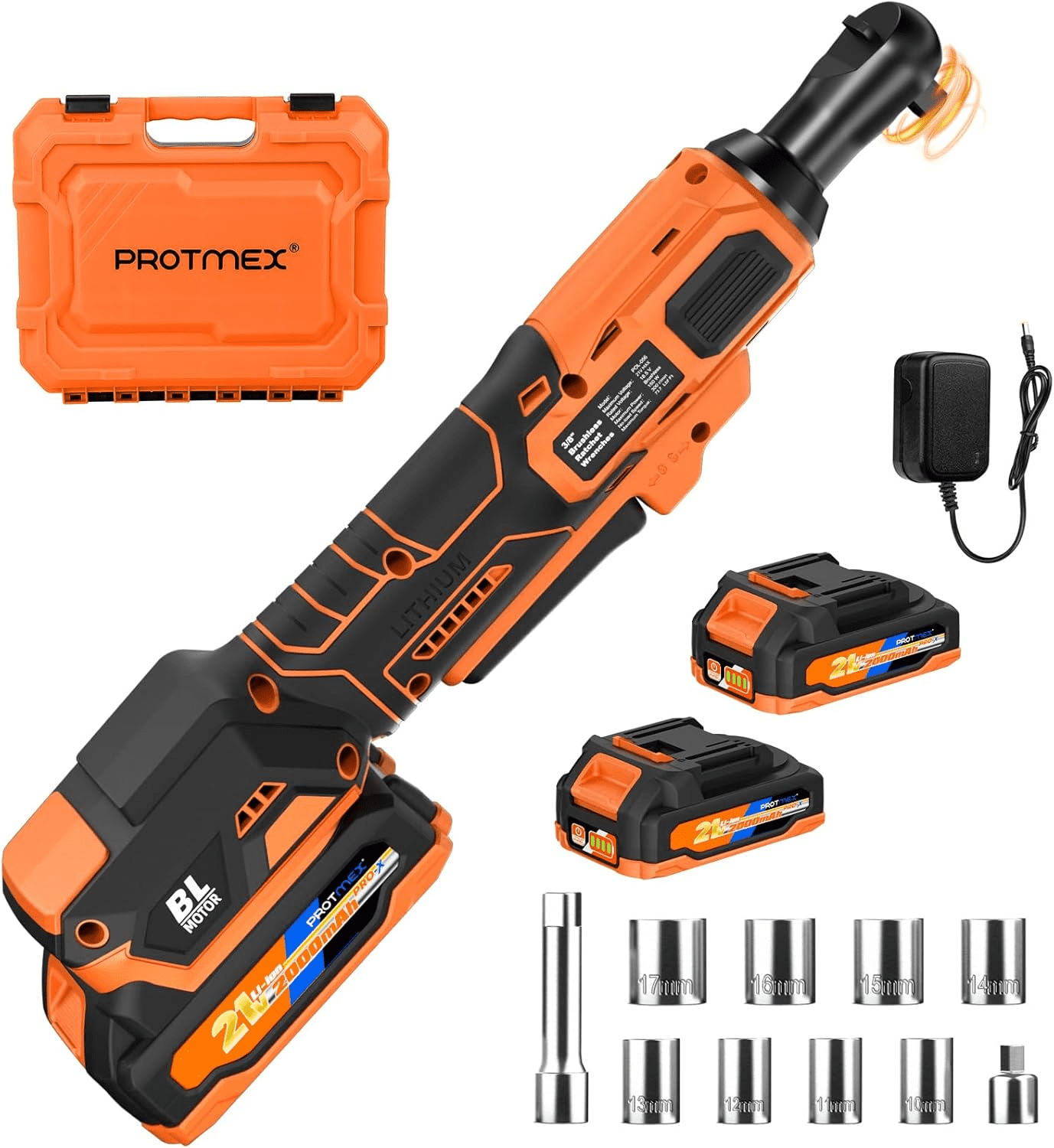 Protmex 74FT-LBS (100N.m) Cordless Ratchet Wrench, 3/8'' Electric Ratchet with 21V 2.0Ah Battery, 0-400RPM Chargeable Power Ratchet Tool Kit with Variable Speed Trigger