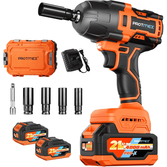 Protmex 1200N.m (900Ft-lbs) 1/2" Cordless Impact Wrench Brushless High Torque Power Impact Gun with 2×4.0Ah Batteries for Car Truck RV Repair