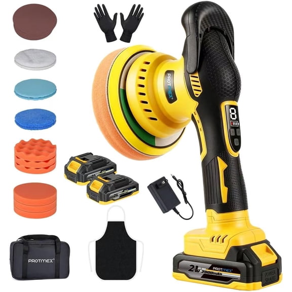 Protmex Cordless Car Buffer Polisher 21V with 2 Rechargeable 2000mAh Batteries 8 Speed Eccentric Waxer Yellow
