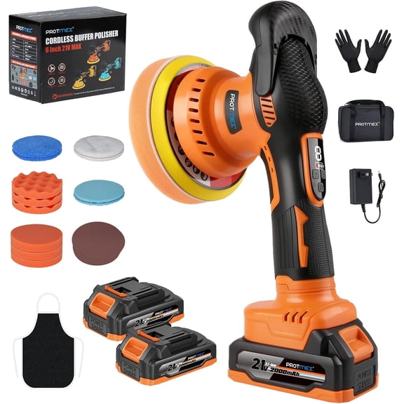 Protmex Eccentric Cordless Car Buffer Polisher, 21V 8-Speed Orbital Polisher Kit with Dual 2000mAh Batteries