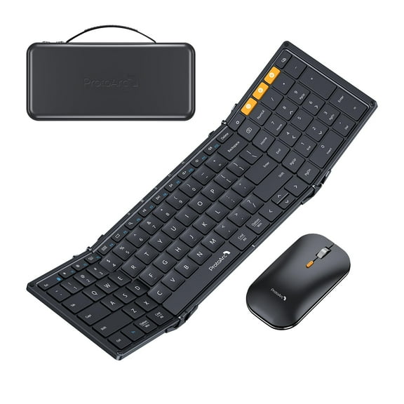 ProtoArc Foldable Keyboard and Mouse, XKM01 True Full-Size Folding Bluetooth Keyboard Mouse Combo for Business Travel, a Portable Office Suite On-The-Go, Compatible with Laptop iPad Tablet - Black