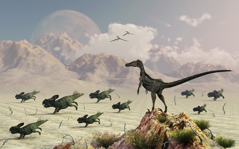 Protoceratops stampede in fear as a Velociraptor watches from above Canvas Art - Mark StevensonStocktrek Images (18 x 12)
