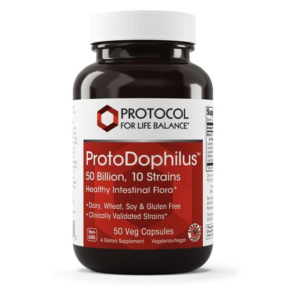 Protocol For Life Balance - ProtoDophilus - 50 Billion, 10 Strains - Healthy Intestinal Probiotic Flora to Support Digestive Function and Immune Health - 50 Veg Capsules