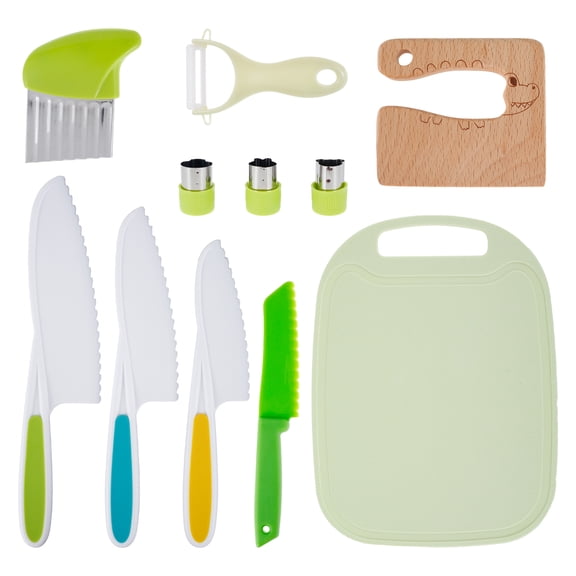 Protoiya 11Pcs Toddler Knife Set with Cutting Board Portable Plastic Reusable Children Cooking Knives with Peeler Wooden Kids Knife Fruit Sandwich Cutters for Cooking