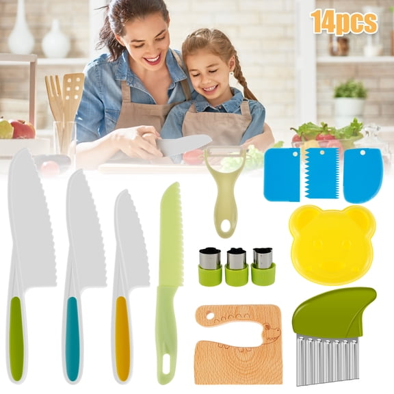 Protoiya 14 Pcs Wooden Kids Kitchen Cutter Set Include Wood Toddler Safe Cutters Potato Slicers Grater and Serrated Edges Cutters Durable Kitchen Cutter Set