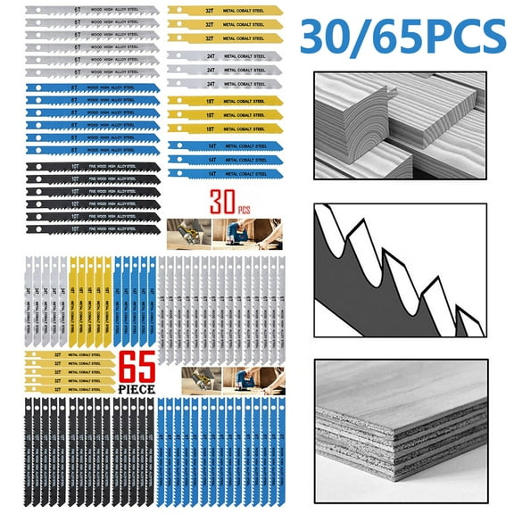 Protoiya 30/65Pcs 86/100mm Jig Saw Blade Set Carbon Steel 6/8/10/14/18/24/32TPI Assorted Saw Blades with U-shank Fast Cut Down Jigsaw Blade for Wood Metal Plastic Cutting