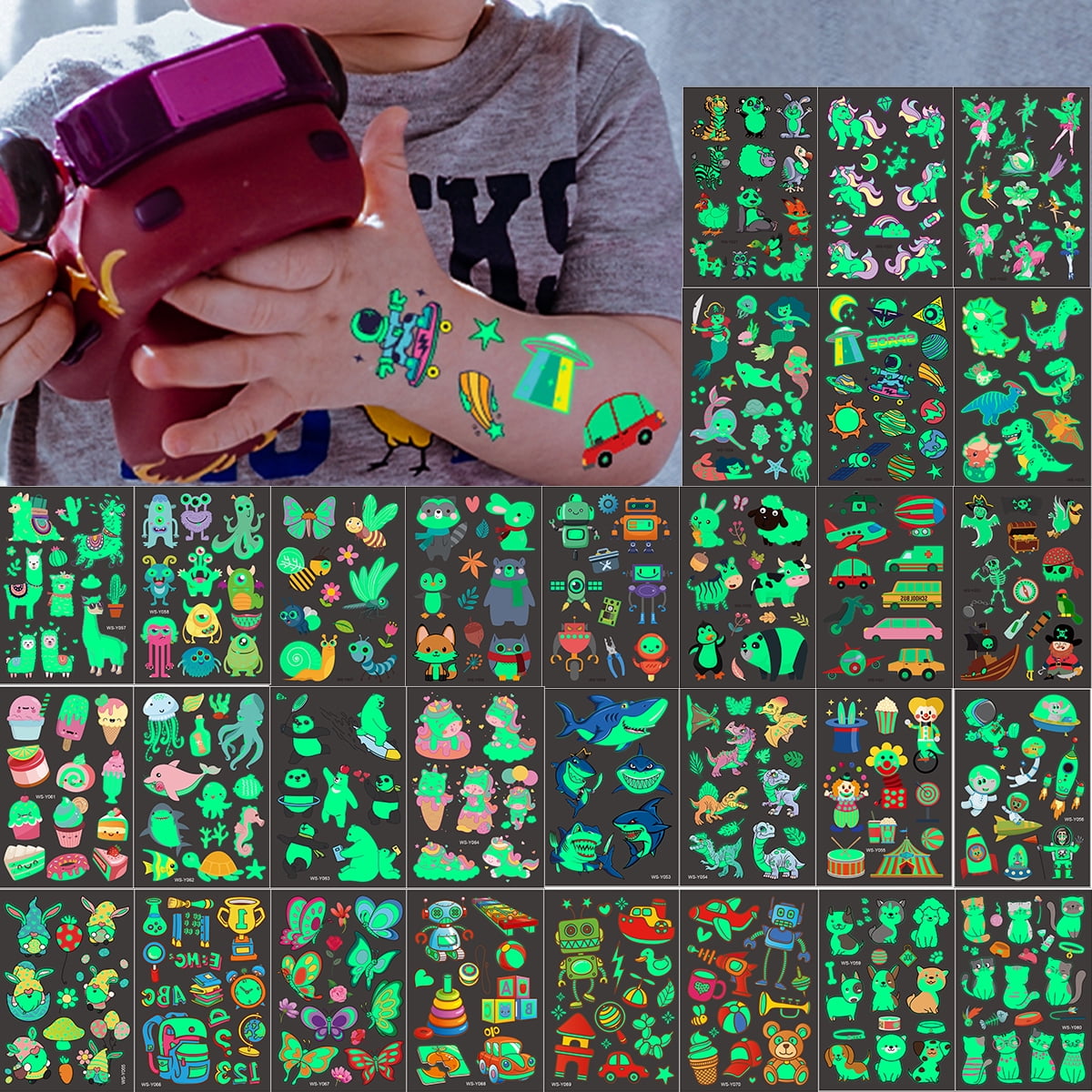 Protoiya 30 Sheets Temporary Tattoos for Kids,Luminous Tattoo Sticker