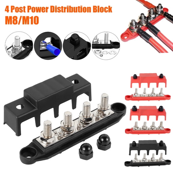 Protoiya 4 Post Battery Terminal Distribution Block 250A 48V Professional Power Distribution Block with Cover M8 M10 Stable Busbar Distributor Block High Current Wiring Stud for Car Boat RV