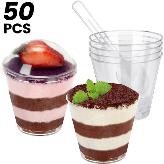 Protoiya 50 Pcs Dessert Cups with 50 Spoons and 50 Lids,Clear 200ML Cheesecake Parfait Pots Reusable Appetizer Cup Multi-Use Dessert Cup for Dessert Pudding Mousse Snacks