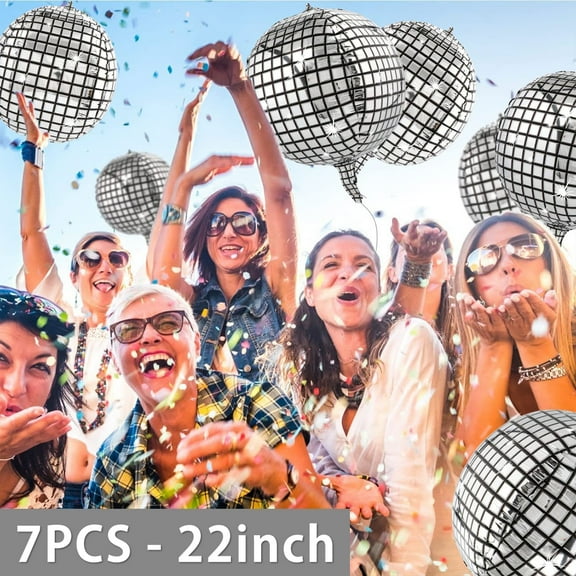 Protoiya 6 Pack Disco Ball Balloons,4D Large 22 Inch Round Metallic Silver Disco Mylar Foil Balloons for Disco Theme Birthday Party Father's Day Decoration and Supplies