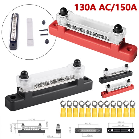 Protoiya 6 Way Bus Bar Terminal Block 300V AC/48V DC 130A AC/150A DC Professional Power Distribution Block Bus Bar Durable Auto Marine Power Distribution Earthing Block with Cover for Car