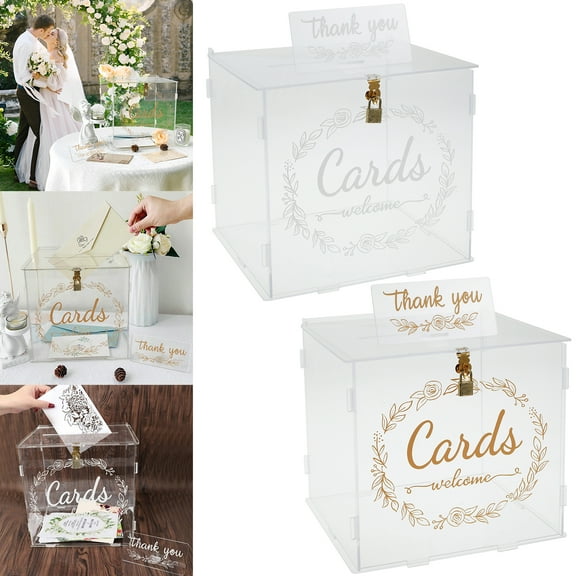 Protoiya Acrylic Card Box Clear Wedding Box with Lock and Slot Sturdy Transparent Money Box Holder Decorative Gift Card Envelop Collection Box for Wedding Party,White