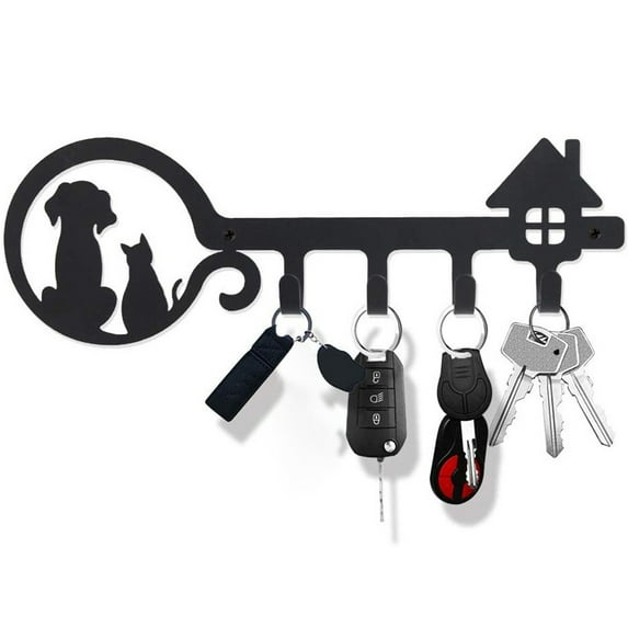 Protoiya Key Holder,Wall Mounted Black Metal Cat Dog Vintage Decor Home Sign for Entryway Front Door, Kitchen, Garage, Office with 4 Key Hooks Rustic Metal Hanger Display