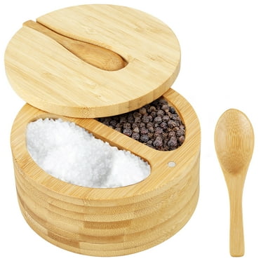 Protoiya Salt and Pepper Bowls Bamboo Pepper Salt Box with Swivel Lid 2 Compartments Salt and Pepper Storage Box with Built-in Spoon Multipurpose Seasoning Container for Spice Pepper Salt