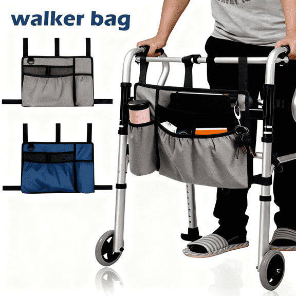 Tcwhniev Walker Bag with Cup Holder,Hand Free Storage Bag,Walker Attachment Handicap Basket Pouch for Rollator, Wheelchair, Folding Walkers