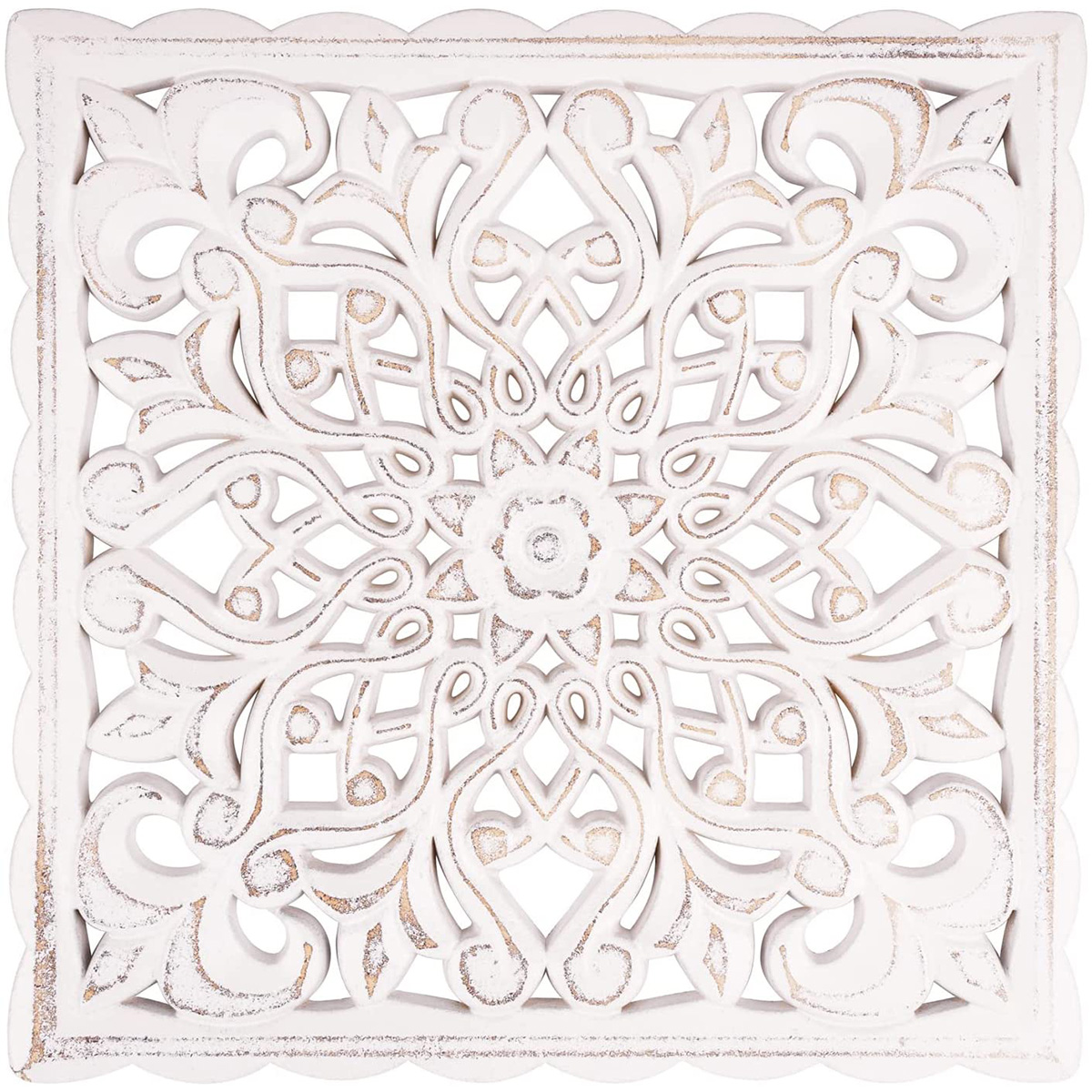 Protoiya Wall Decor Art, Carved Wooden Wall Panel Hanging Decor, Decorative Carved Floral-Patterned Distressed White Wall Panel for living Room Bedroom