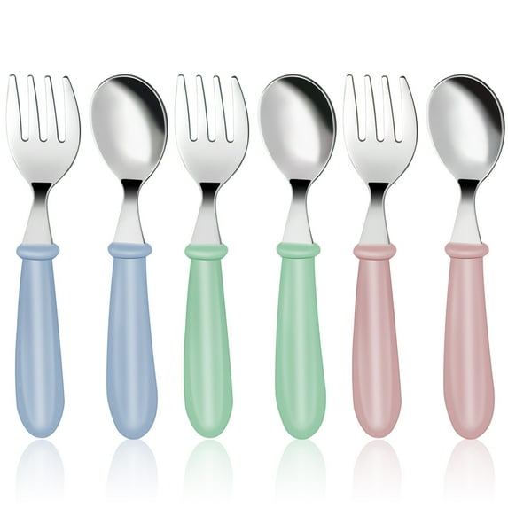 Protoiya Kids Silverware,6 Pieces Toddler Utensils Stainless Steel Baby Forks and Spoons Set,Children's Safe Cutlery Set with Round Handle for Self Feeding