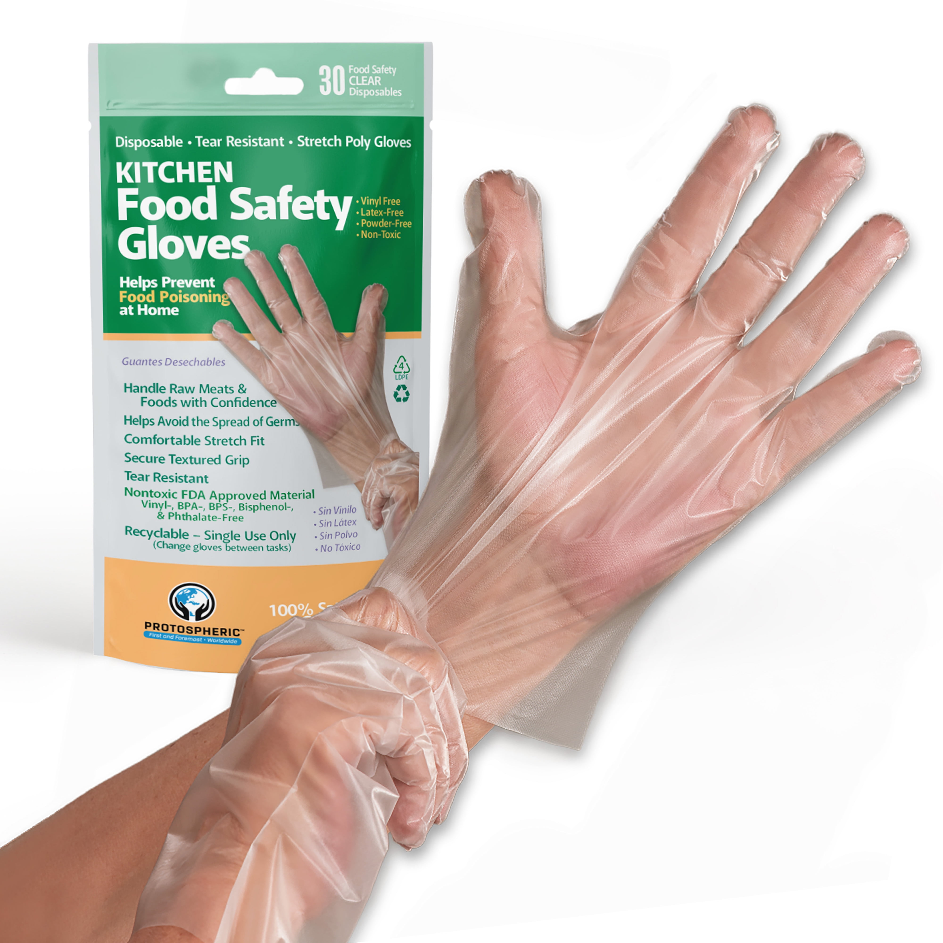 Protospheric Disposable Gloves - Stretch Poly, Clear, Food Prep&Cooking Gloves - Safe, Nitrile, Vinyl, Latex and Powder Free