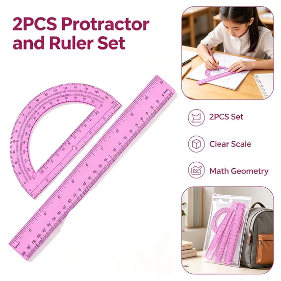 Protractor and Ruler Set - 2 Piece Clear Geometry Measuring Tools, 12 Inch Ruler and 6 Inch Protractor with Inch Cm Dual Scale, Plastic Math Supplies for Teachers Classroom Office