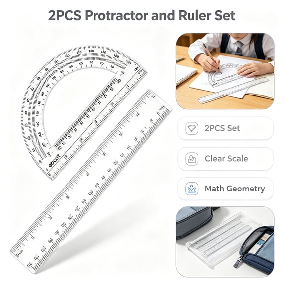 Protractor and Ruler Set - 2 Piece Clear Geometry Measuring Tools, 12 inch Ruler and 6 inch Protractor with inch cm Dual Scale, Plastic Math Supplies for Teachers Classroom Office