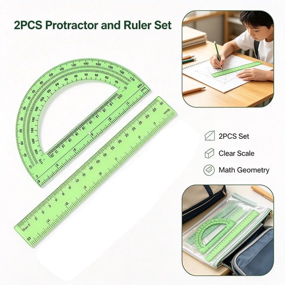 Protractor and Ruler Set - 2 Piece Clear Geometry Measuring Tools, 12 Inch Ruler and 6 Inch Protractor with Inch Cm Dual Scale, Plastic Math Supplies for Teachers Classroom Office