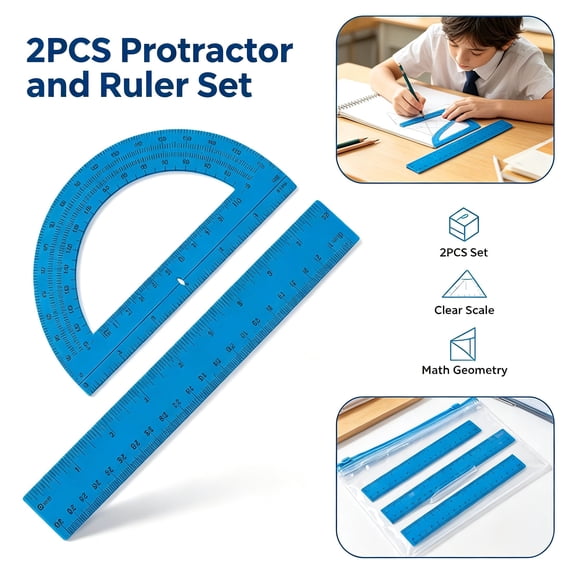 Protractor and Ruler Set - 2 Piece Clear Geometry Measuring Tools, 12 Inch Ruler and 6 Inch Protractor with Inch Cm Dual Scale, Plastic Math Supplies for Teachers Classroom Office
