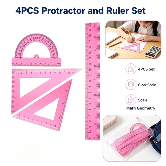 Protractor and Ruler Set - 4 Piece Geometry Ruler Kit, 8 Inch Straight Ruler with Triangle Rulers and 180 Degree Protractor, Plastic Measuring Tool for Office Engineering Drawing