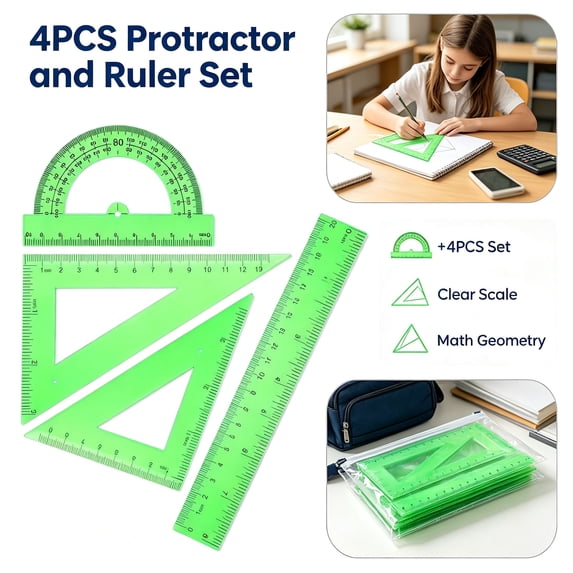 Protractor and Ruler Set - 4 Piece Geometry Ruler Kit, 8 Inch Straight Ruler with Triangle Rulers and 180 Degree Protractor, Plastic Measuring Tool for Office Engineering Drawing