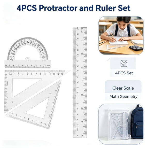 Protractor and Ruler Set - 4 Piece Geometry Ruler Kit, 8 Inch Straight Ruler with Triangle Rulers and 180 Degree Protractor, Plastic Measuring Tool for Office Engineering Drawing