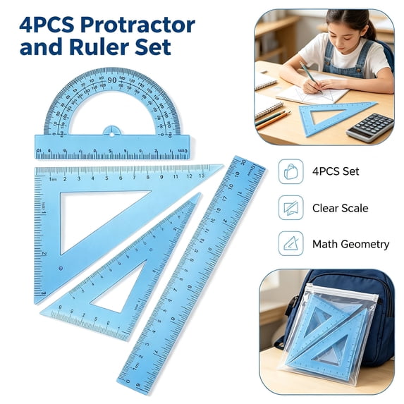 Protractor and Ruler Set - 4 Piece Geometry Ruler Kit, 8 Inch Straight Ruler with Triangle Rulers and 180 Degree Protractor, Plastic Measuring Tool for Office Engineering Drawing