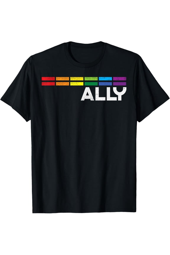 Proud Ally Bars Equality LGBTQ Rainbow Flag Gay Pride Ally T-ShirtMen and women, Black T-shirt, size: Extra large
