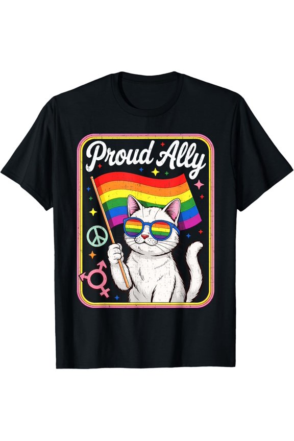 Proud Ally Cat Wearing Rainbow Glasses Flag Men Women T-Shirt