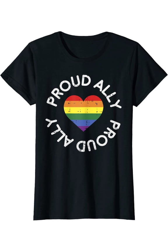 Proud Ally Funny Rainbow Heart Gay LGBT Pride Support Gift T-Shirt