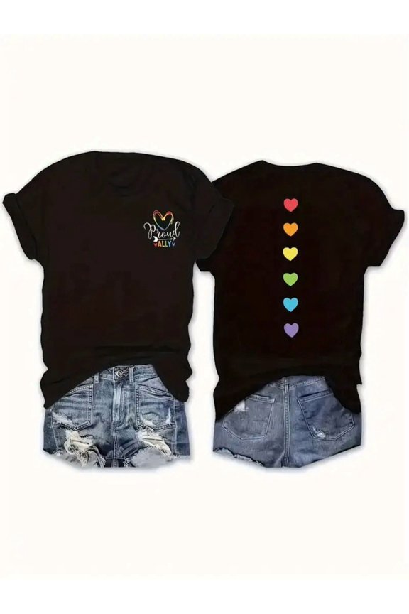 Proud Ally Rainbow Heart Graphic Women Short Sleeve Casual T-Shirt