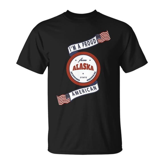Proud American Alaska State Design Unisex Adult Cotton Tee for Patriotism Pride Casual Wear, Size M, Color Black