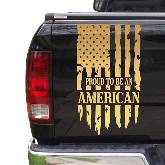 Proud to Be an American Distressed American USA US Flag Truck Tailgate Vinyl Decal Compatible with most Pickup Trucks - Rear Car Sticker (11" x 20", Gold (Metallic))