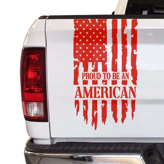 Proud to Be an American Distressed American USA US Flag Truck Tailgate Vinyl Decal Compatible with most Pickup Trucks - Rear Car Sticker (11" x 20", Light Orange)