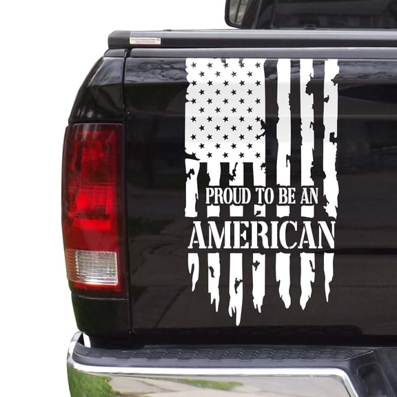 Proud to Be an American Distressed American USA US Flag Truck Tailgate Vinyl Decal Compatible with most Pickup Trucks - Rear Car Sticker (11" x 20", White)
