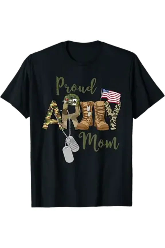 Proud Army Mom US Flag Camo Dog Tags Military Mother T-Shirt