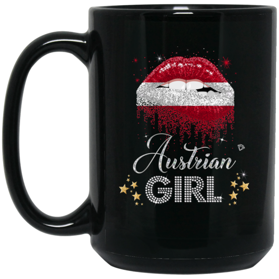 Proud Austrian Girl Coffee Mug - Pride Austria Flag Lip Design Black 15oz Gift Mug