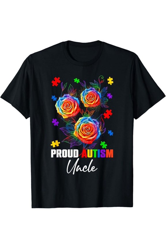 Proud Autism Uncle Rose Flowers & Puzzles Autism Awareness T-Shirt