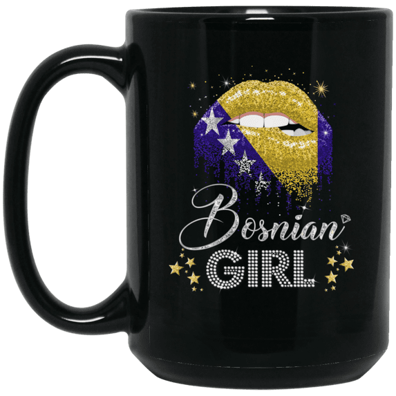 Proud Bosnian Girl Coffee Mug - Pride Bosnia And Herzegovina Flag Lip Design Black 15oz Gift Mug