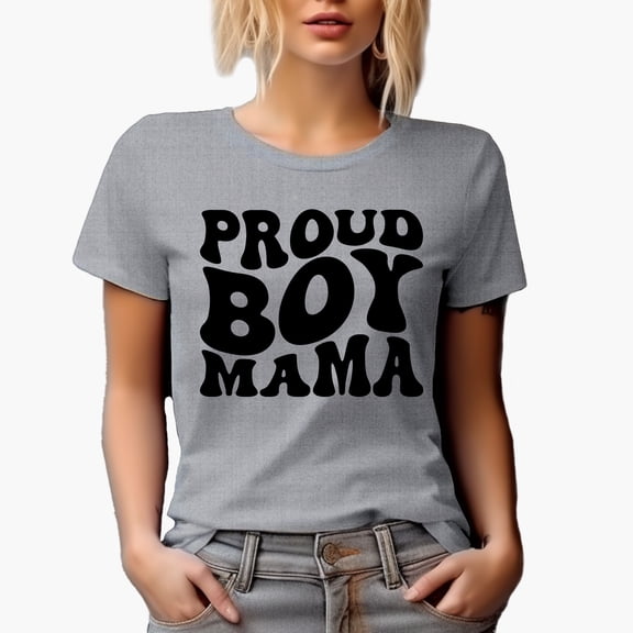 Proud Boy Mama, Mother of Boys Themed, Groovy Retro Wavy Text Merch Gift, Heather Grey T-Shirt, Medium