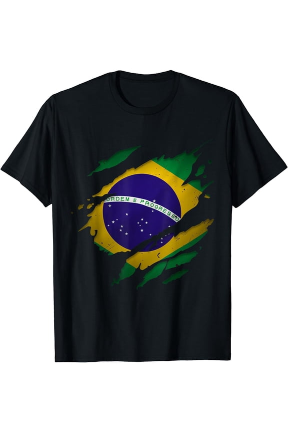 Proud Brazilian Shirts | Brasil Torn Ripped Brazil Flag T-Shirt Black Large