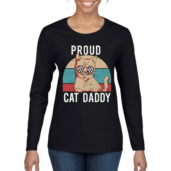 Proud Cat Daddy Cat Lover Womens Graphic Long Sleeve T-Shirt, Black, Small