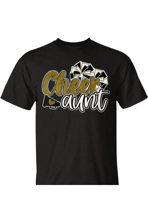 Proud Cheer Aunt T-Shirt Graphic Cheerleading Supporter Tee Funny Auntie Game Day Apparel Retro Gold White Design Black Cotton Fashion Top for Women
